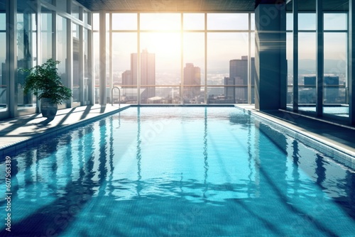 stock photo of swimming pool on the apartment city view photography Generative AI © NikahGeh