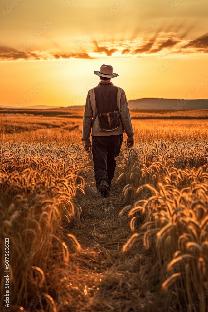 Fototapeta premium A man with a cowboy hat walking in a wheat field at sunset in nature sense of freedom Generative AI Illustration