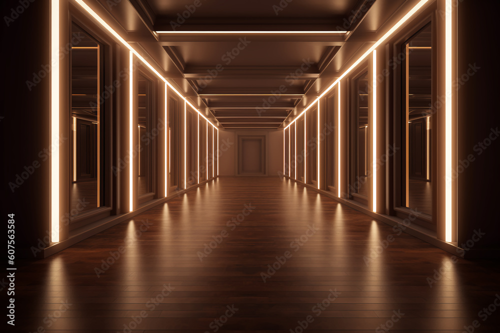 Illuminated corridor interior design. Empty Room Interior Background, creative ai