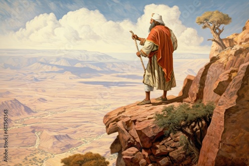 Moses sitting on the Nebo mount watching from afar the promised land Generative AI Illustration