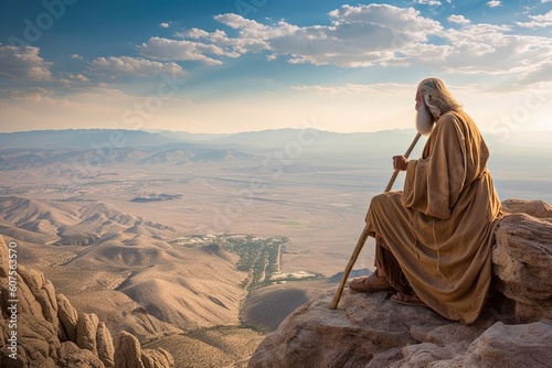 Canvas Print Moses sitting on the Nebo hill watching from afar the promised land Generative A