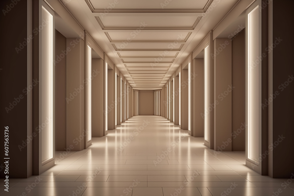 Illuminated corridor interior design. Empty Room Interior Background, creative ai