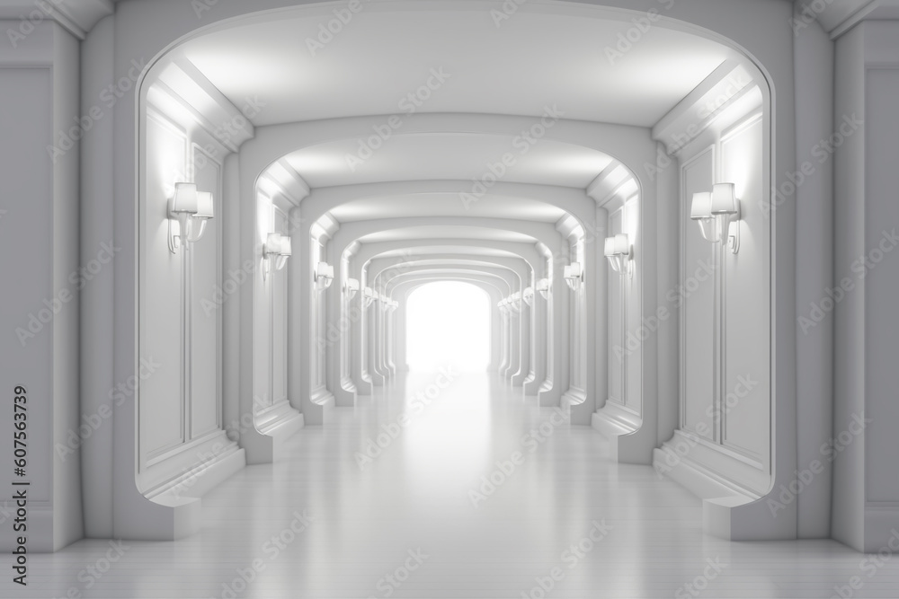 Obraz premium Illuminated corridor interior design. Empty Room Interior Background, creative ai