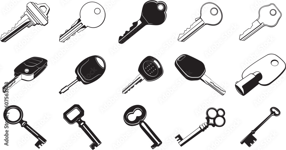 Collection of smooth vector EPS illustrations of various keys and locks