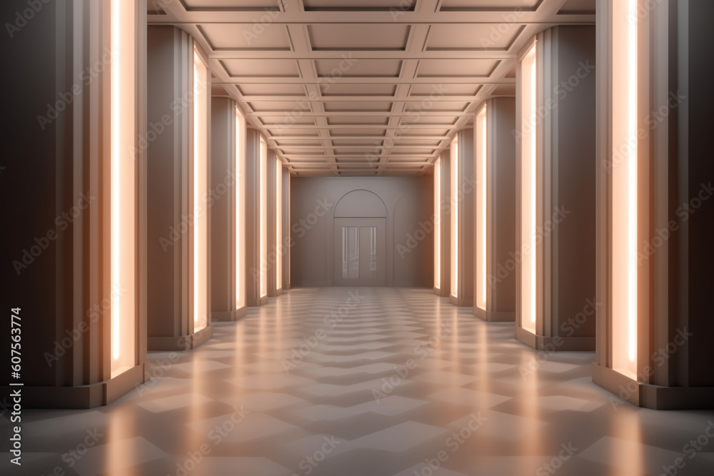 Illuminated corridor interior design. Empty Room Interior Background, creative ai