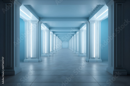 Illuminated corridor interior design. Empty Room Interior Background, creative ai
