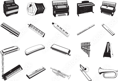 Collection of smooth vector EPS illustrations of various musical instruments