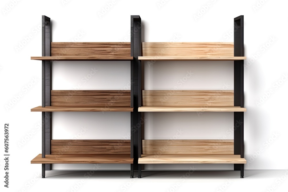 Angled view of wooden shelves with metal bases. Modern, empty racks in a loft design for a room in a house or workplace. mockup of a bookshelf with storage, isolated on white. Generative AI Angled view of wooden shelves with metal bases. Modern, empty racks in a loft design for a room in a house or workplace. mockup of a bookshelf with storage, isolated on white. Generative AI