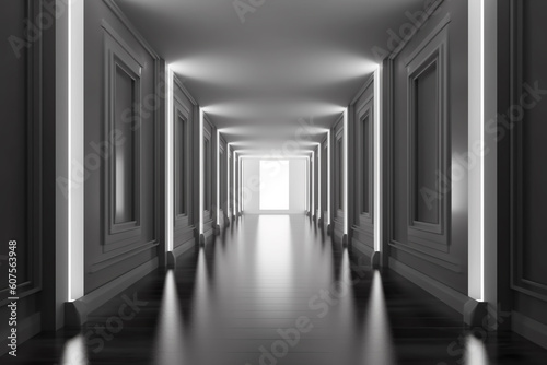 Illuminated corridor interior design. Empty Room Interior Background, creative ai