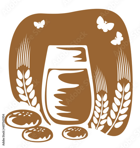 Glass of milk and cookies on a bronze background.