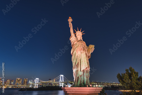 Statue of Liberty at the Odaiba Seaside Park in Tokyo, Japan, at night photo