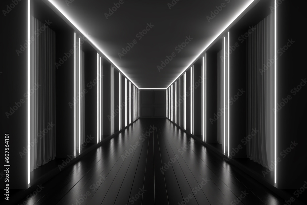 Obraz premium Illuminated corridor interior design. Empty Room Interior Background, creative ai