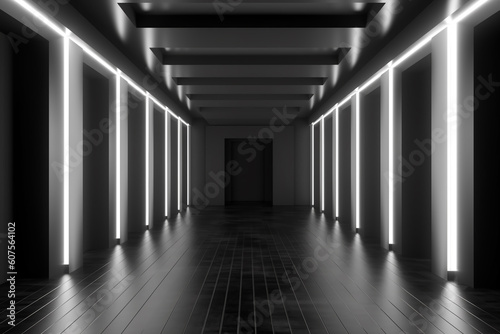 Illuminated corridor interior design. Empty Room Interior Background, creative ai