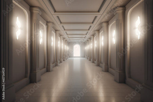 Illuminated corridor interior design. Empty Room Interior Background, creative ai