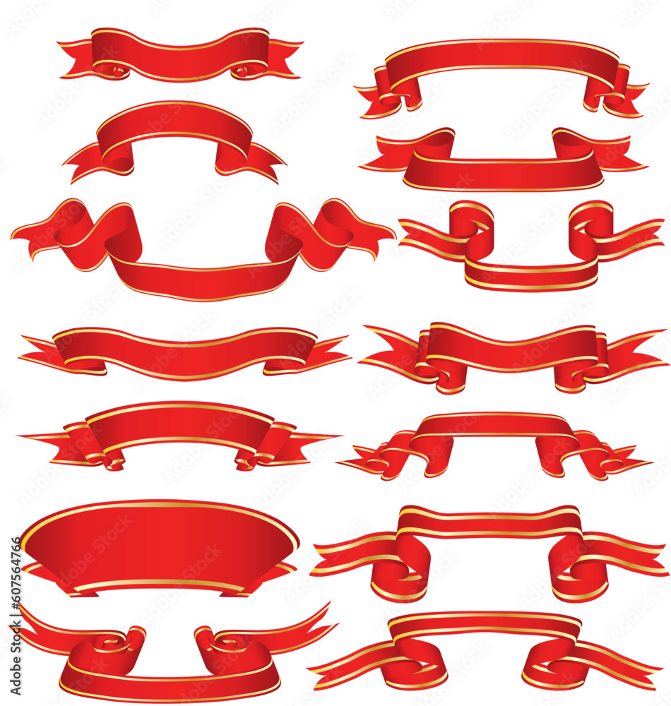 Collection of vector brightly red ribbons in different shape