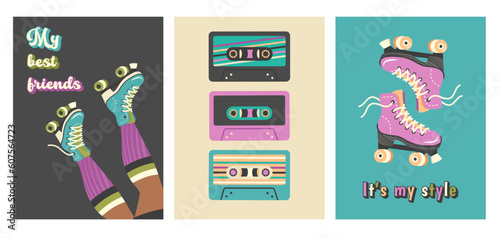 Trendy retro poster in 90s, 80s, 70s style. Young Woman rollerblading. Roller skates, cassettes. Vintage old school hand drawn design. Vector flat illustration for print, web, holiday, party