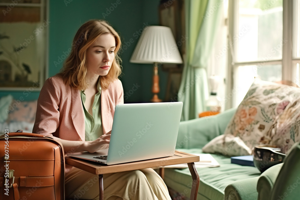 Creative young woman working on laptop in her studio home. Vintage style. Generative ai Creative young woman working on laptop in her studio home. Vintage style. Generative ai