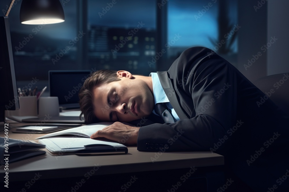 Exhausted businessman sleeping at workplace. Generative AI Exhausted businessman sleeping at workplace. Generative AI