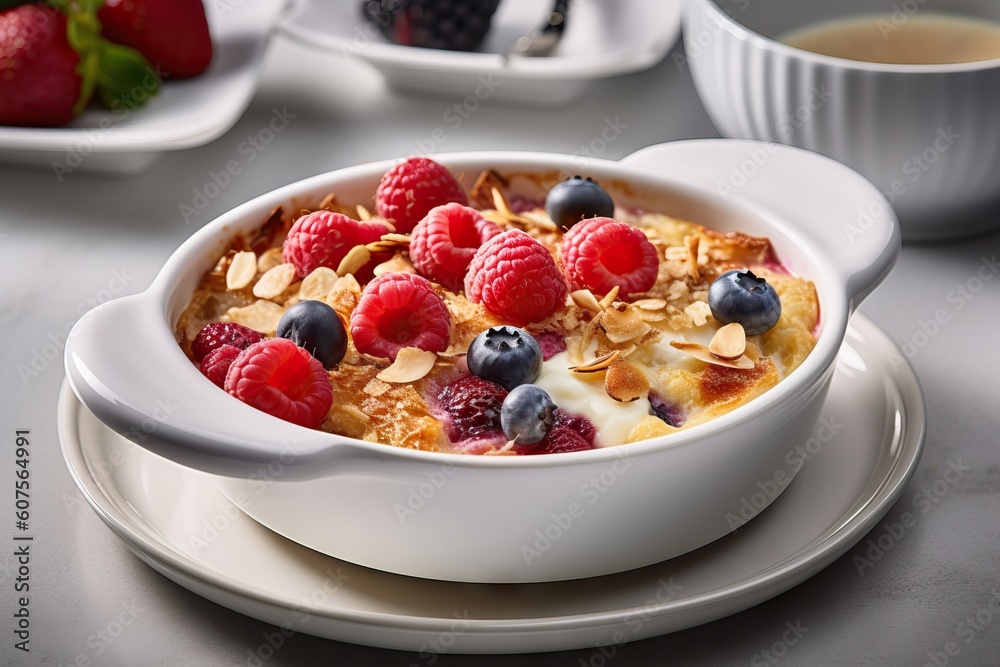 Fit and healthy baked oats with nuts and fruits. Generative AI Fit and healthy baked oats with nuts and fruits. Generative AI
