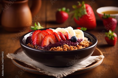 Bowl of fresh Brazilian acai garnished with strawberries and granola on a rustic wood table. Generative AI