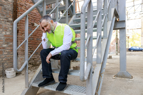 Depressed foreman sitting outdoors on stairs and feeling tired after overwork. Unhappy caucasian worker in reflective vest and hardhat being fired for work mistake.