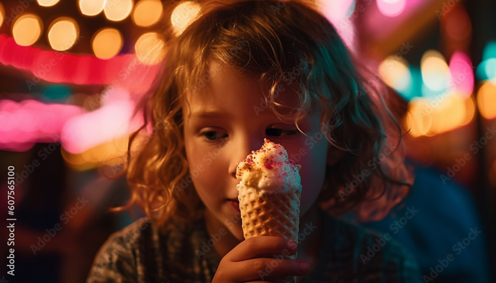 Smiling girl enjoying ice cream outdoors at night generated by AI