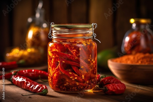 Jar of hot honey sauce with dipper. Generative AI