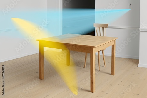 wooden table with a yellow chair against a blue wall Generative AI