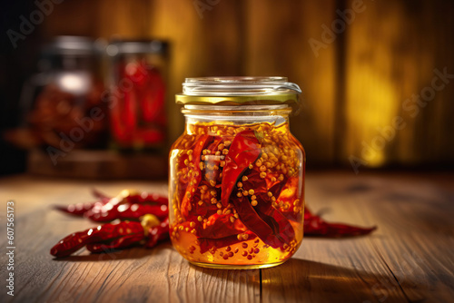 Jar of hot honey sauce with dipper. Generative AI
