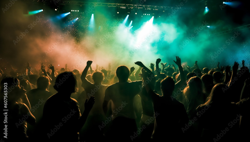 Rock concert stage lit, crowd cheering performer generated by AI