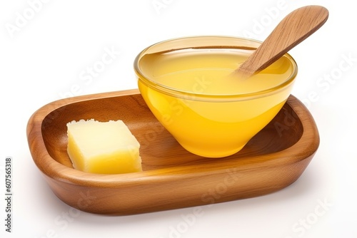 wooden bowl filled with golden honey and a wooden spoon Generative AI