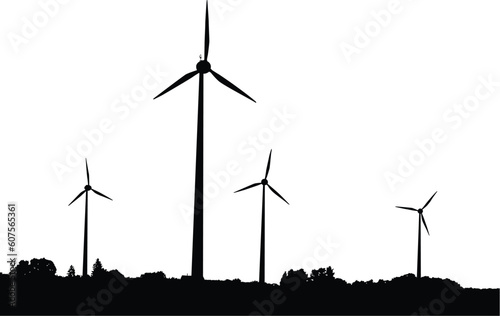 Vector silhouette of windturbines producing environment friendly energy