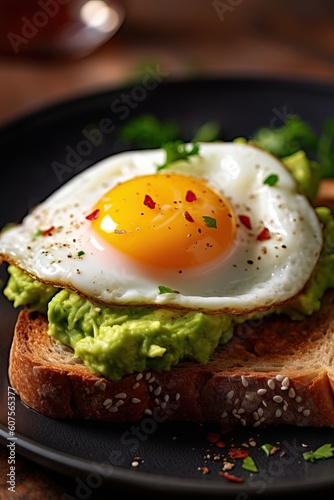 toast with guacamole and fried egg, photo for the restaurant menu Generative AI