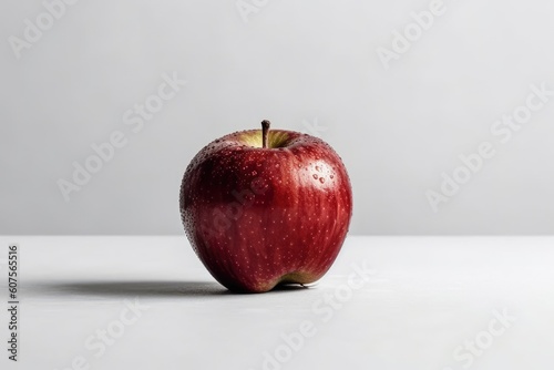 ripe red apple placed on a clean white table Generative AI