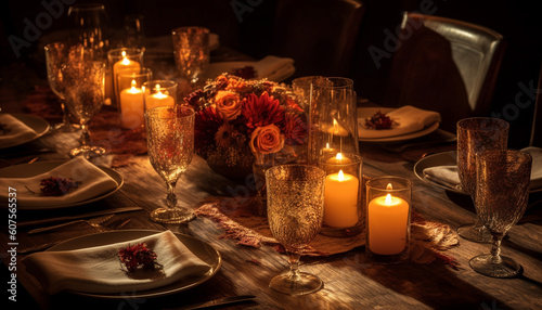 Luxury candlelight illuminates elegant wedding celebration indoors generated by AI
