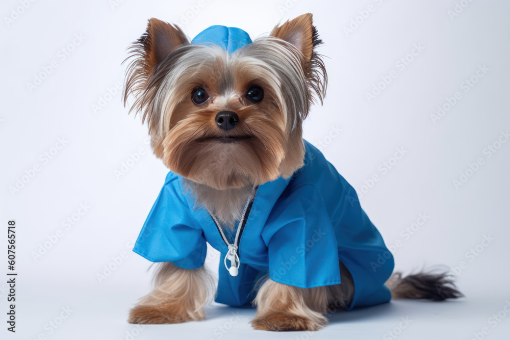 Dog in a blue vet costume. AI