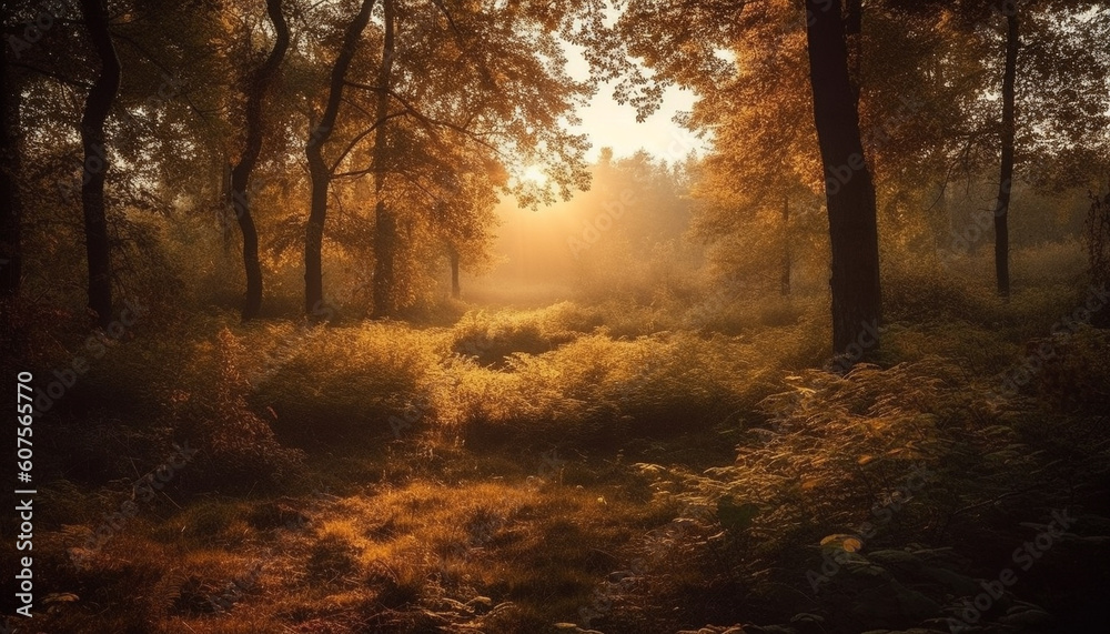 Vibrant autumn colors in tranquil forest meadow generated by AI