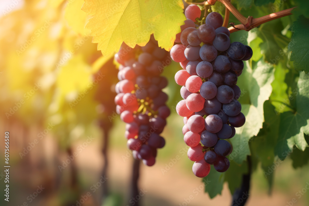 Bunches of ripe grapes on plants in vineyard. Generative AI.