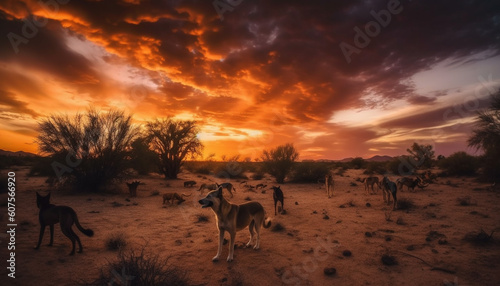 Silhouette of safari animals in tranquil twilight generated by AI