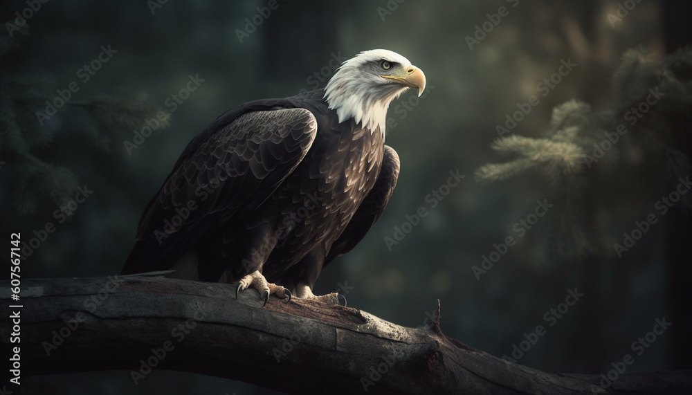 Fototapeta premium Bald eagle perched on branch, hunting prey generated by AI