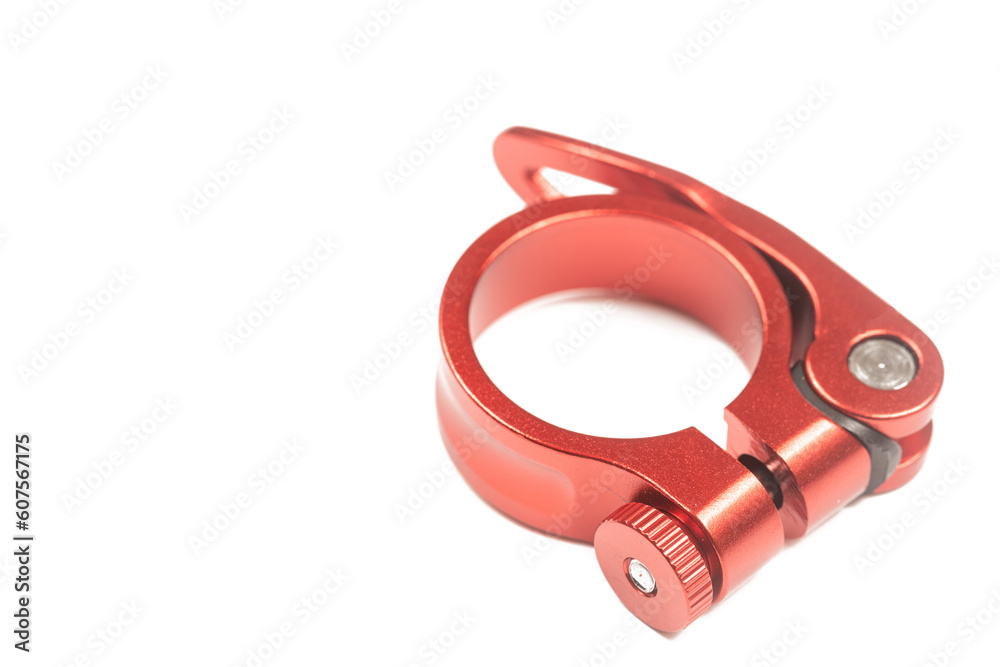 Red aluminum seat clamp isolated above white background with copy space Red aluminum seat clamp isolated above white background with copy space