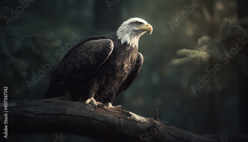 Bald eagle perched on branch, hunting prey generated by AI