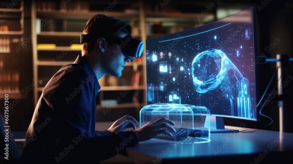 A man is working with VR headset looking at monitor with CG A man is working with VR headset looking at monitor with CG