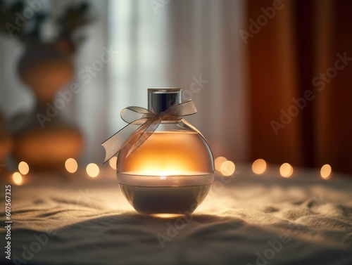 A bottle of perfume with a white ribbon is on a table with lights in the background.