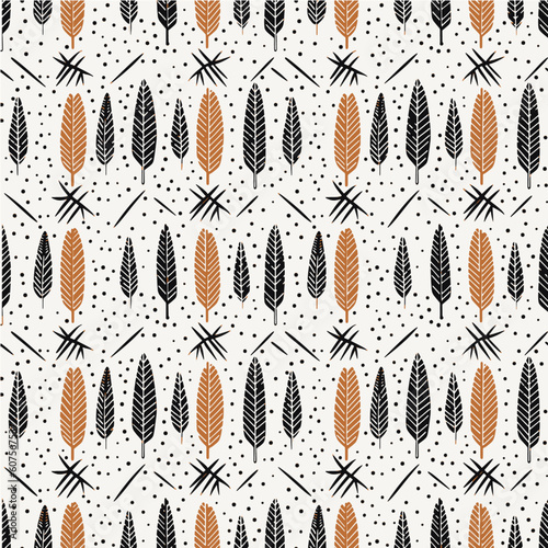 Boho hand drawn feather modern tribal pattern. Trendy bohemian print. Native motifs, modern abstract geometric style. Digital graphic design. Seamless pattern vector.
