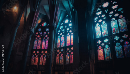 Stained glass illuminates majestic gothic basilica architecture generated by AI