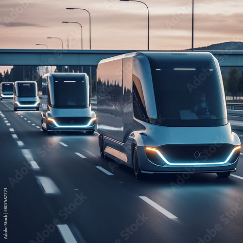 Autonomous Truck Fleet on Futuristic Highway, generative AI