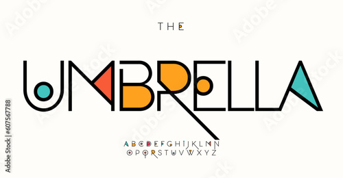 Playful futuristic alphabet with color spots and swash lines, abstract geometric font for technology festival, funky logo, creative headline, art typography, modern typographic design. Vector typeset