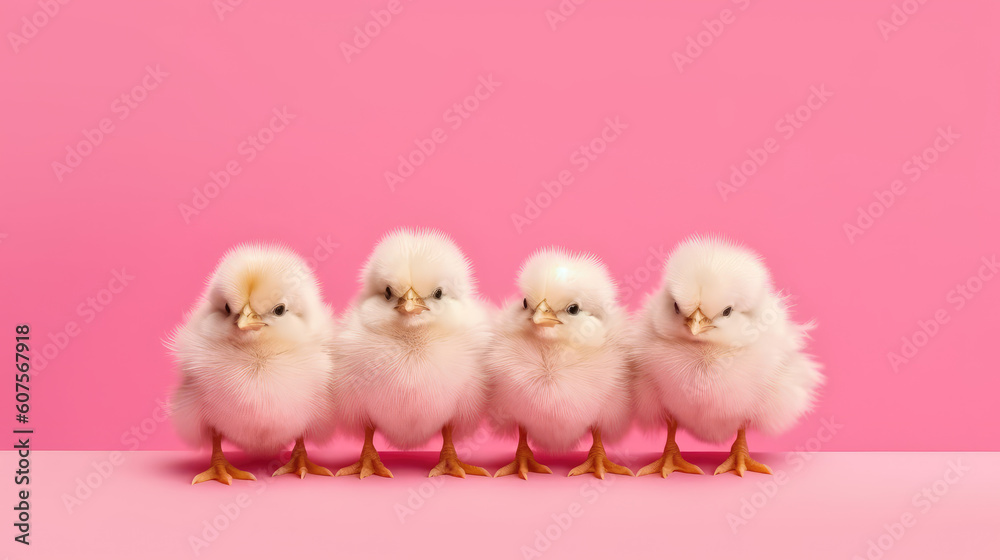 Four little chicken chick, pink background
