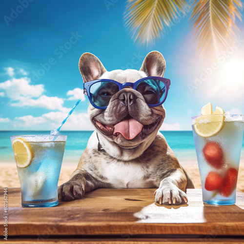 French Bulldog dog wearing sunglasses Relaxing on the Beach, palm trees, summer, cocktail, generative ai © innluga
